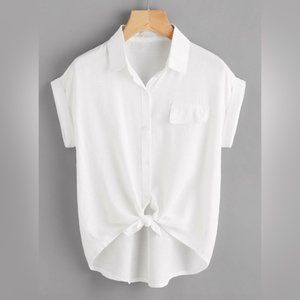 White Knotted Self-Tie Button-Front Shirt